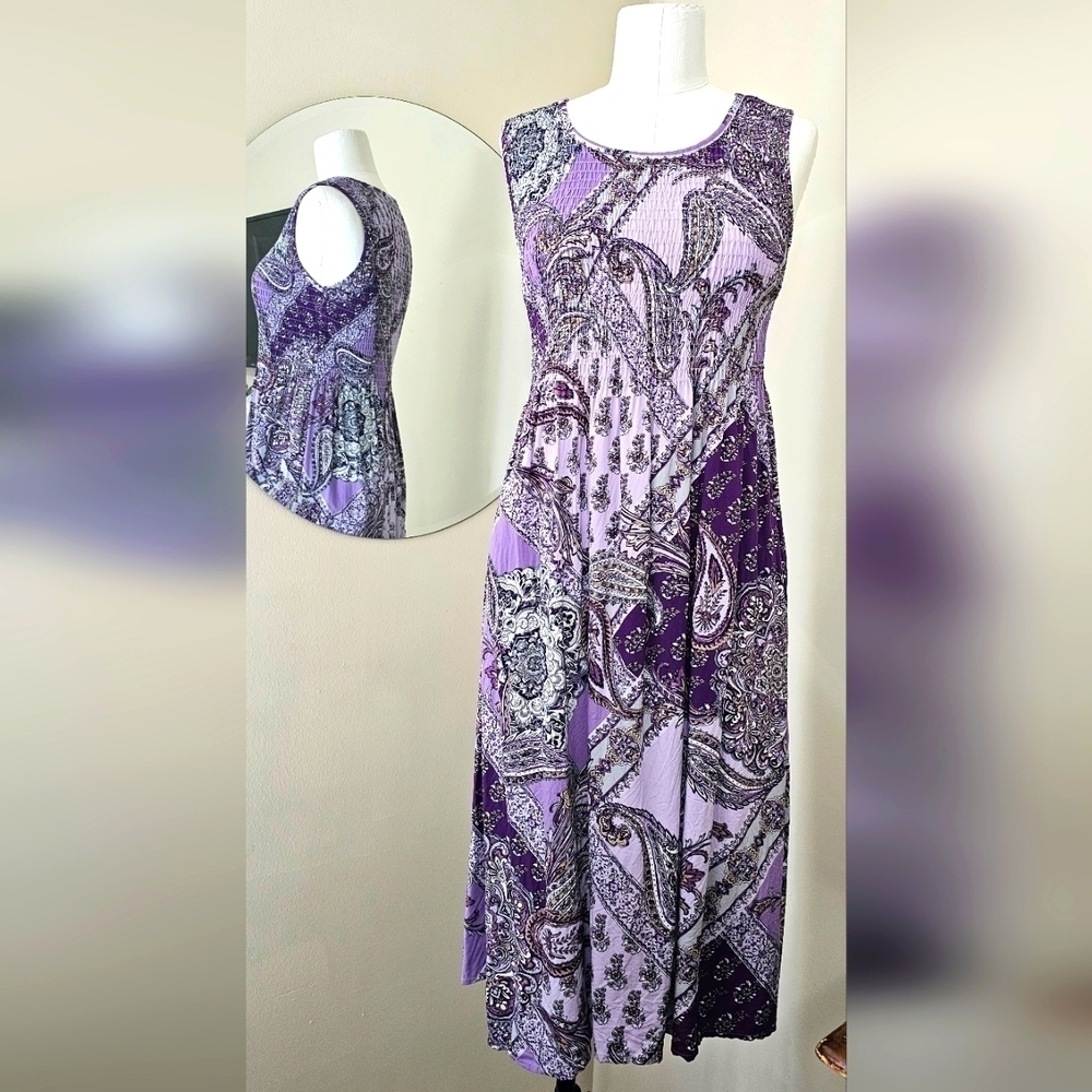 Croft & Barrow Wonen's Smocked Purple Parsley Sleevelees Midi Summer Dress XS